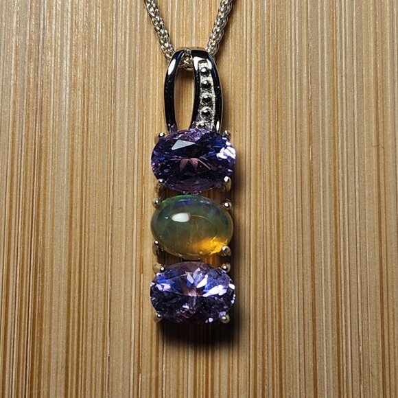 NIB Natural Ethiopian Welo Opal & Genuine Tanzanite Necklace 925 16" Necklace - Picture 10 of 12